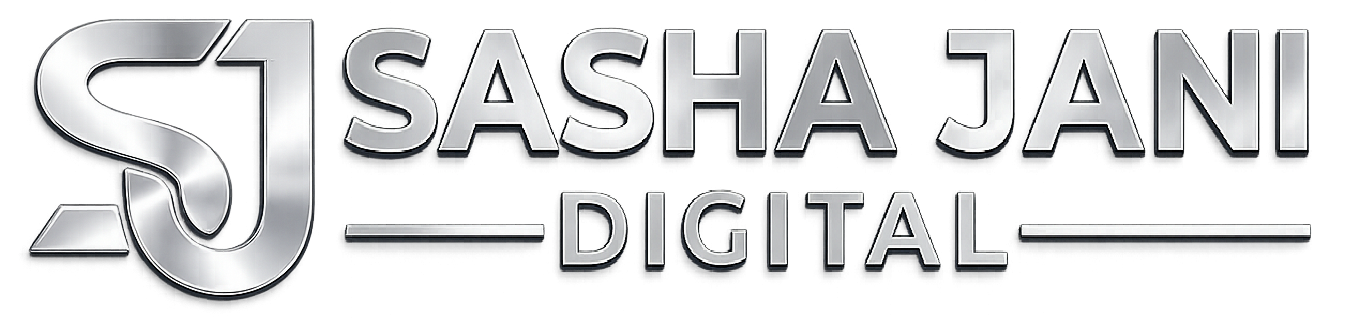 Sasha Jani Digital Logo mit silbernem SJ-Monogramm auf transparentem Hintergrund